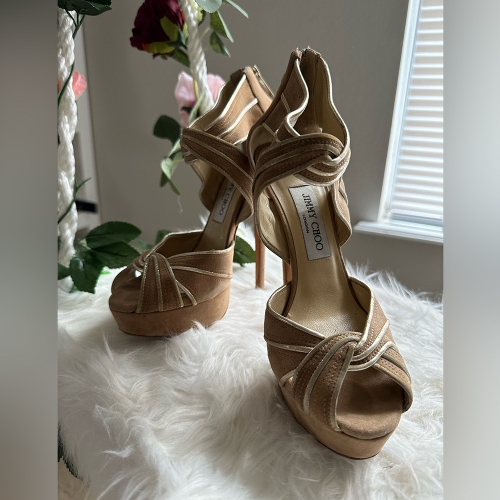 Jimmy Choo Koko Metallic Suede Platform Sandals.